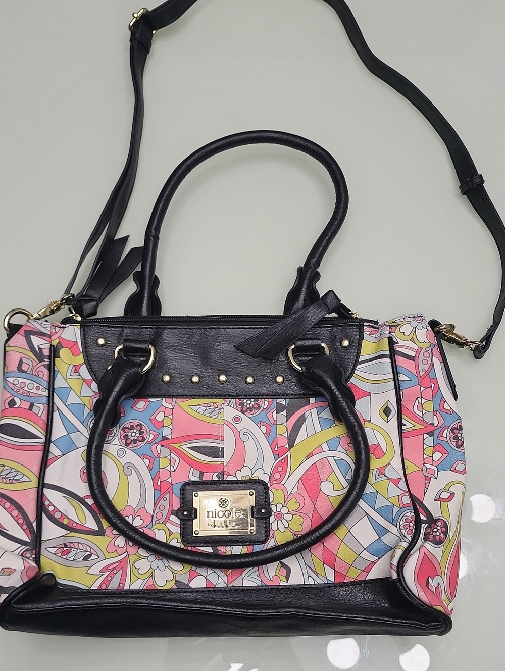 Nicole Lee Pink & Black Floral Geometric Satchel